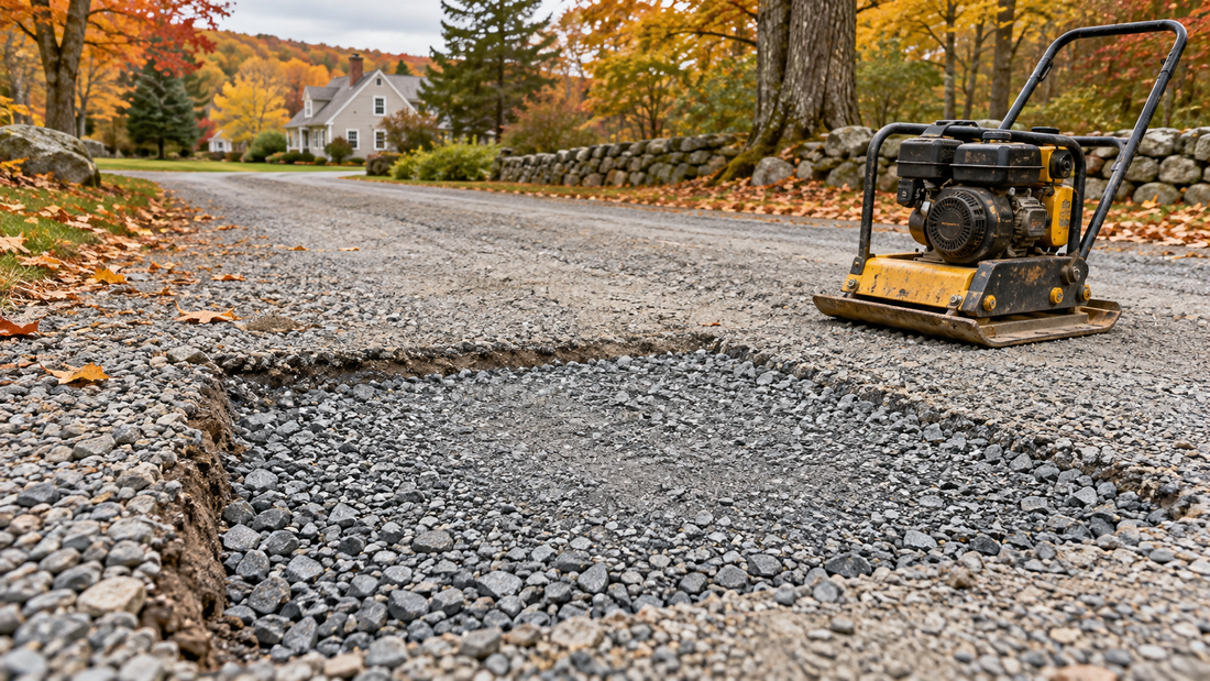 An opened gravel driveway pothole with aggregate and a plate compactor.