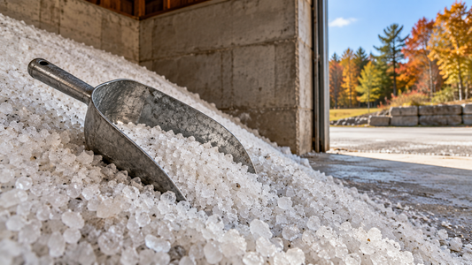 A metal scoop resting in dry road salt inside a storage bay.