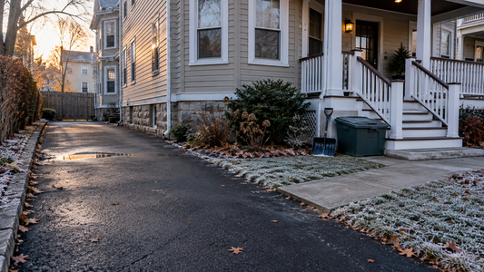 A shaded Boston driveway and walkway on a frosty autumn morning.