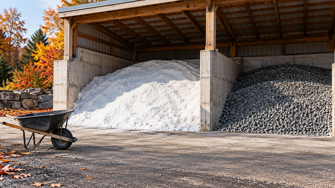 Separate bays holding road salt and gravel for winter preparation.